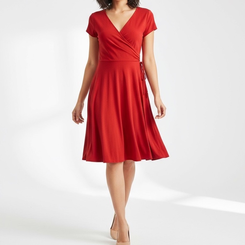Chadwicks V Neck Fit &Flare Midi Stretch Swing Short Sleeve Dress Size 2p Petite